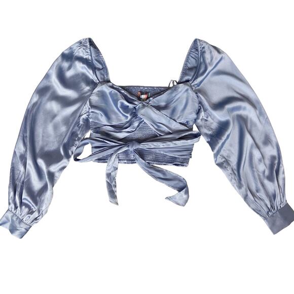 NEW Urban Outfitters Top Satin Puff Sleeve Smocked Shirt Square Neck Size Medium - Picture 1 of 10